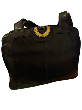 Vintage Lou Taylor Black Leather Shoulder Bag with Gold Accent